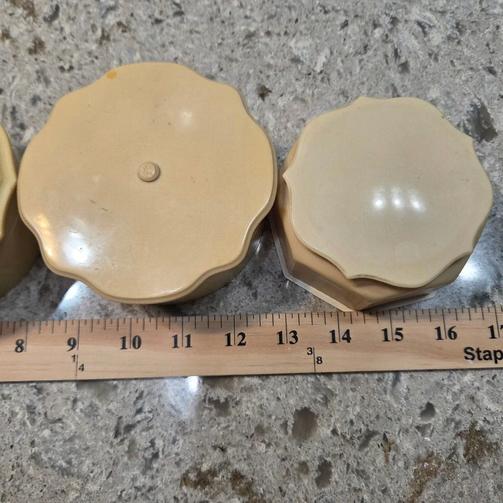 Vintage Fairfax Celluloid Vanity Boxes Cream Scalloped Art Deco Dresser Jars 4pc